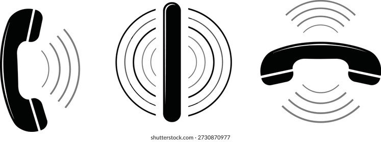 Ilustração vetorial de três ícones de telefone com sinais de ondas sonoras representando comunicação e conectividade
