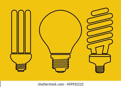 Vector illustration of three thin line art lamp icons. Set for LED equipment. Ordinary incandescent, fluorescent and economical bulb lamps on yellow background