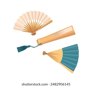 Vector Illustration Of Three Traditional Asian Folding Hand Fans Feature Intricate Design Elements And Varying Colors