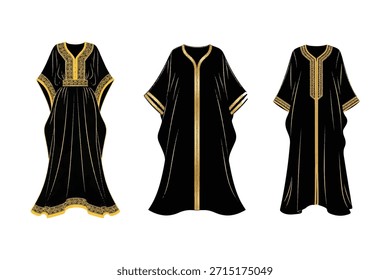 Ilustración vectorial de tres prendas negras tradicionales con bordados dorados que muestran la moda cultural y elegantes detalles de diseño.