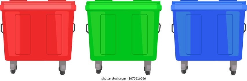 Ilustración vectorial de tres botes de basura en diferentes colores