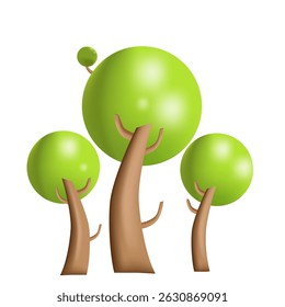 Ilustración vectorial de tres árboles con una corona volumétrica en estilo 3D. Gráficos brillantes y minimalistas con coronas verdes y un tronco y ramas marrones. El elemento es ideal para el diseño, infografía