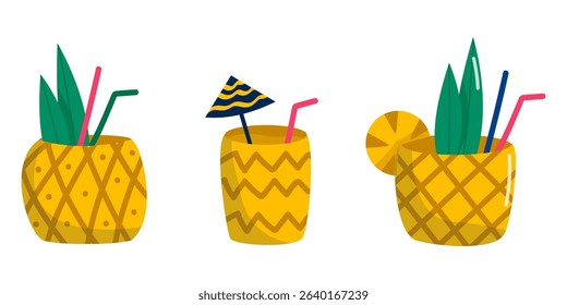 Vector illustration of three tropical summer drinks served in pineapples, decorated with leaves, straws, and a cocktail umbrella.
