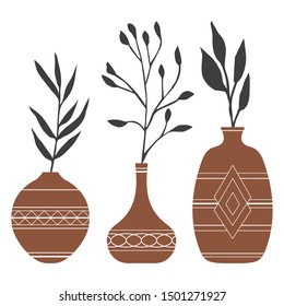 Vector illustration of three twigs in different vases