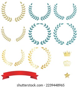 Vector illustration of three types of laurels, a crown and star, and a red ribbon.