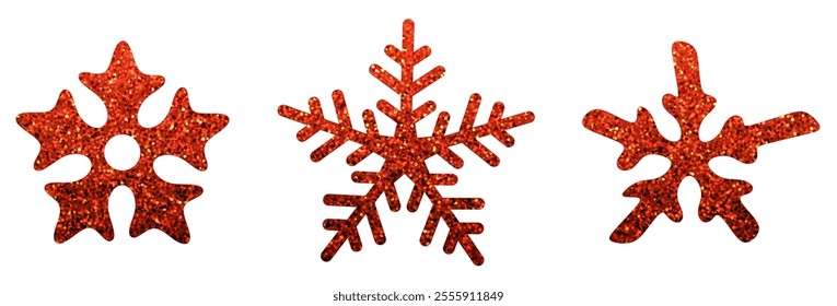 Vector illustration of three unique red snowflake designs with glitter texture, ideal for festive winter themes.