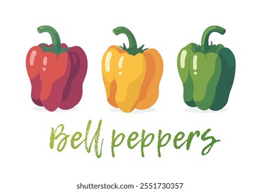 Vector illustration of three uniquely colored bell peppers, tasty shapes and rich hues. Trio of colorful bell peppers red, yellow, and green cartoon icons isolated on white background