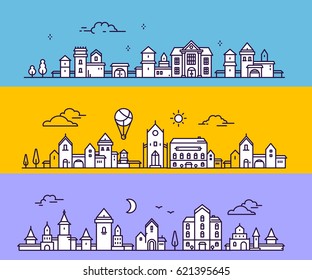 Vector illustration of three variation city landscape on color background. Set of urban european city with tree, cloud, aerostat. Thin line art design for web, site, advertising, horizontal banner