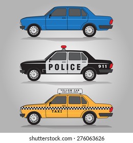 Vector illustration of three variations of automobiles including blue saloon (sedan) car, police car and taxi (yellow cab)