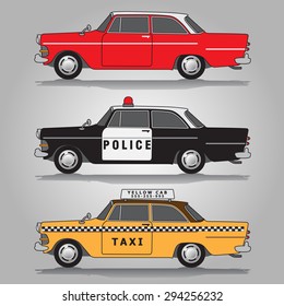 Vector illustration of three variations of classic old-timer automobiles including red saloon (sedan) car, police car and taxi (yellow cab)