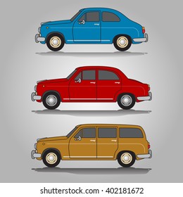 Vector illustration of three variations of classic European old-timer automobiles including small blue car, red saloon (sedan) car and ocher wagon car