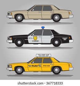 Vector illustration of three variations of imaginary classic 80s automobiles including beige saloon (limousine) car, police car and taxi (yellow cab)