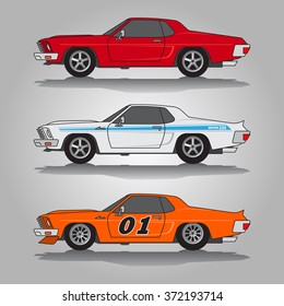 Vector illustration of three variations of imaginary classic muscle cars including red coupe car, white GT car and orange racing car