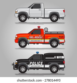 Vector illustration of three variations of pick-up trucks including white pick-up truck, fire & rescue truck and police truck