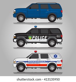 Vector illustration of three variations of terrain vehicles - blue 5-door SUV, black police SUV and white ambulance SUV vehicle