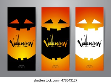 Vector illustration: Three vertical  abstract template design of banner with pumpkin smile and handwritten lettering of Halloween.