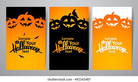 Vector illustration: Three vertical abstract template design layout of poster or flyer with Handwritten lettering of Halloween, pumpkins, raven and space for text.