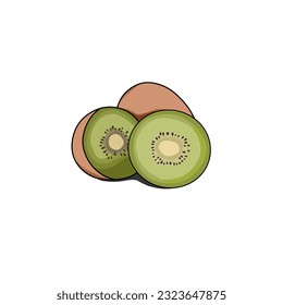 Vector illustration of three very kiwi fruits and two of them are split
