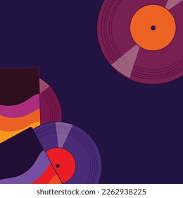 Vector illustration of three vinyl discs in retro style on dark  blue background