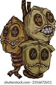 Vector illustration of three voodoo doll heads with rope and smiling, on white background.