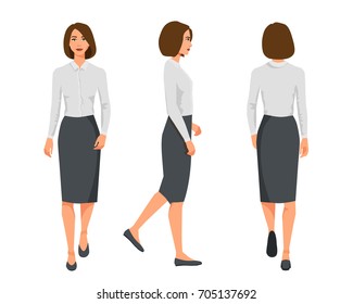 Vector illustration of three walking business woman  in official clothes. Cartoon realistic people illustration.Flat young woman.Front view girl,Side view girl,Back side of girl