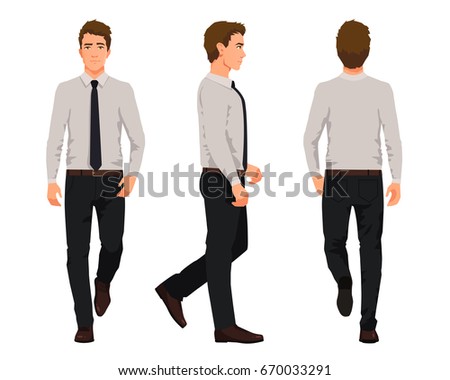 Vector illustration of three walking business men  in official clothes. Cartoon realistic people illustartion.Worker in a shirt with a tie.Front view man,Side view man,Back side view man