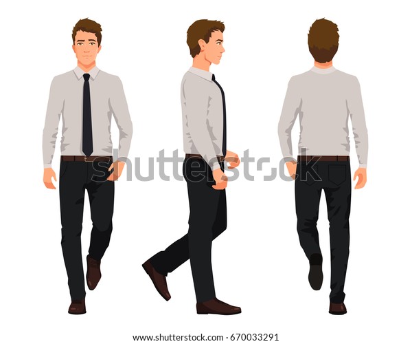 公用服を着た3人の歩く実業家のベクターイラスト Cartoonのリアルな人物のイラスト シャツにネクタイを持つ作業者 正面図の男 側面図の男 背面図の男 のベクター画像素材 ロイヤリティフリー