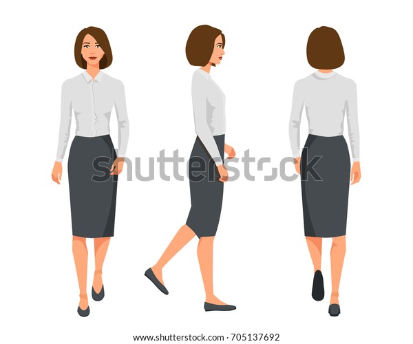 公用の服を着た3人の歩くビジネスマンのベクターイラスト マンガのリアルな人のイラスト 平たい若い女性 正面図の女の子 側面図の女の子 女の子の背面 のベクター画像素材 ロイヤリティフリー 705137692