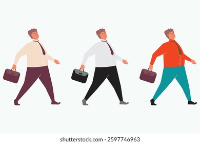 Vector illustration of three walking businessmen carrying briefcases. Flat style characters perfect for business, corporate, and teamwork concepts.