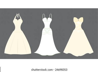 Vector illustration of three wedding gowns in varied styles.