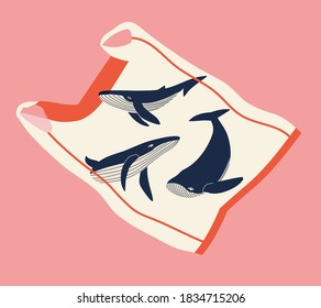 Vector illustration of three whales in a beige plastic bag in the pink sea. Concept of recycling plastic, ecology, zero waste. Hand-drawn colorful ecology illustration. Say no to plastic bags. 