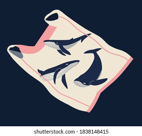 Vektorgrafik von drei Walen in einem beigen Plastikbeutel in der Tiefsee. Konzept des Recyclings von Kunststoff, Ökologie, Null Abfall. Handgezeichnete bunt gezeichnete Ökologie-Illustration. Sag nein zu Plastiktüten. 