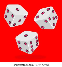 Vector illustration of three white dice with heart. Red background.