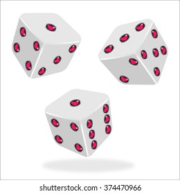 Vector illustration of three white dice with heart. White background.