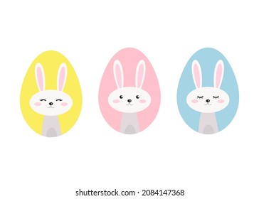 vector illustration of three white Easter bunnies in eggs. childrens postcard for easter. happy easter celebration, cute drawing