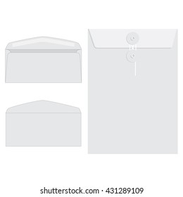 Vector illustration three white envelopes icon set. Blank mockups in three views, front and back, open and closed.