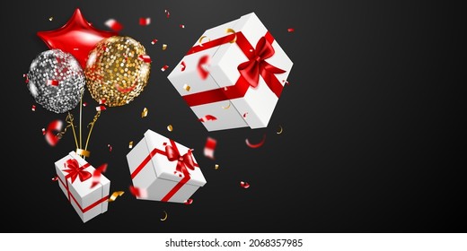 Ilustración vectorial con tres cajas de regalo blancas con cintas y arcos rojos, globos dorados y plateados y pequeños trozos borrosos de serpentinas sobre fondo negro
