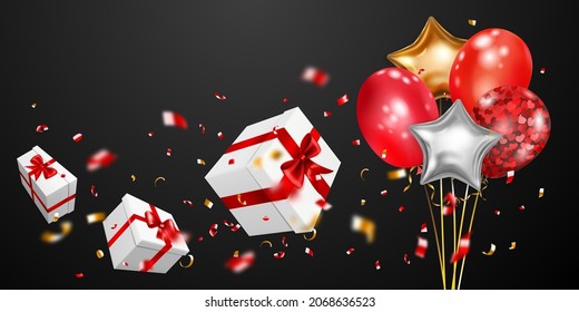 Vector illustration with three white gift boxes with red ribbons and bows, golden and silver balloons and small blurry pieces of serpentines on black background