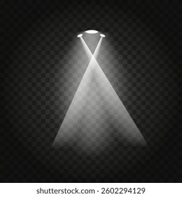 Vector illustration of three white spotlights intersecting on a transparent background, creating a bright light effect. Vector illustration EPS10.