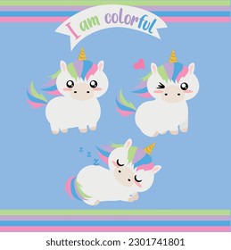 vector illustration of three white unicorns with rainbow hair and different poses