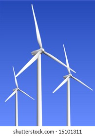 Vector illustration of three wind turbines on a blue sky background.