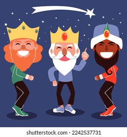 Ilustración vectorial de tres sabios bailando. Personajes de Melchior, Caspar y Balthasar en el fondo nocturno siguiendo la estrella de Belén. Celebración de las fiestas de Epifanía