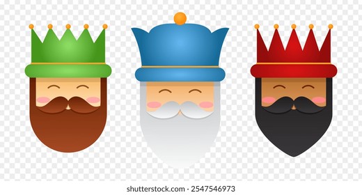 Vector illustration of three wise men face cartoon on transparent background