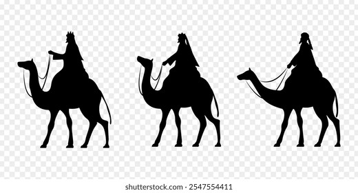 Ilustração vetorial de três homens sábios montando em camelos silhueta no fundo transparente