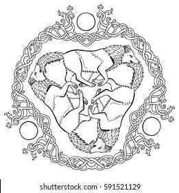 Vector illustration of three wolves viking fantasy Celtic knot triskelion black and white