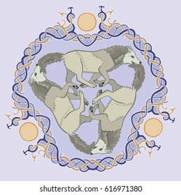 Vector illustration of three wolves viking fantasy Celtic knot triskelion, colorful, ( Triskele is an old symbol of spirit, body, and mind or past, present, and future)