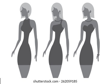 Vector illustration of three women with chic hairstyles and wearing little black dress with different necklines.