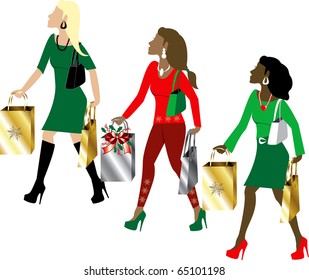 Vector Illustration of three women Christmas shopping with bags dressed fashionably.