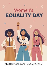 Vector illustration three women of different skin colors united by the idea of ​​equality and strength, one raises her hand up in protest. Use for women's projects, websites, postcards, advertising