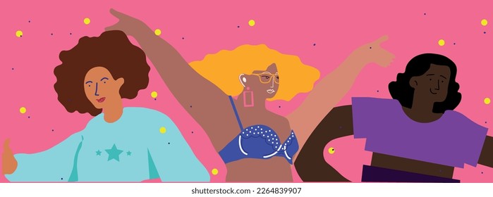 Vector illustration of three women in a modern drawing style. Illustration of friendship and equality, women's and community rights